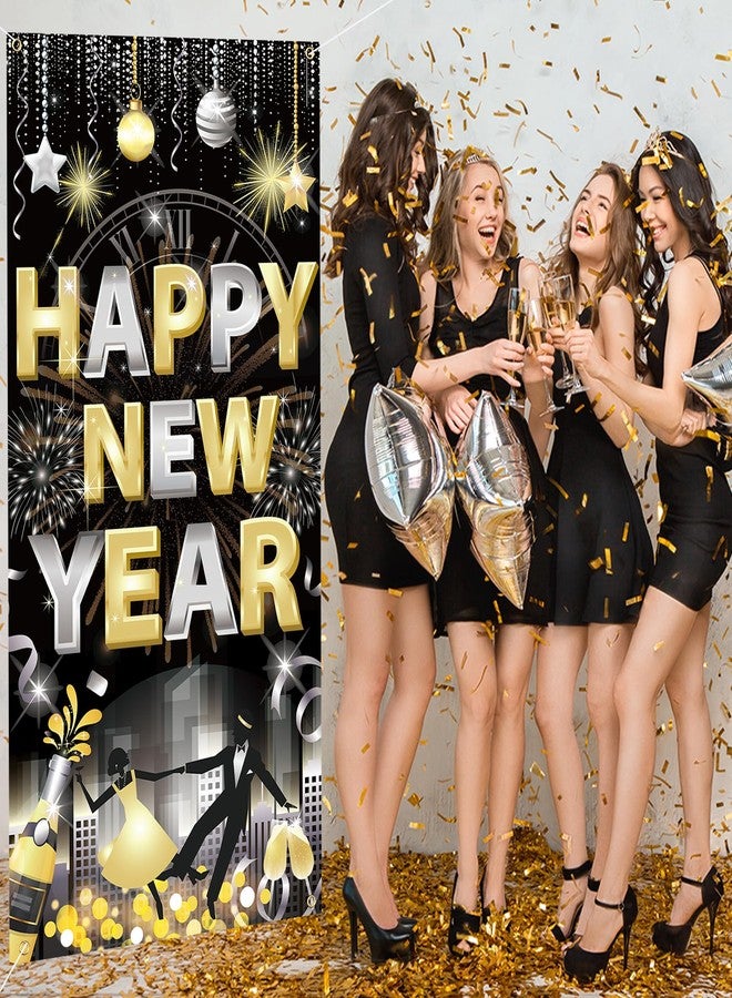 هواف غطاء باب HOWAF "عام جديد سعيد"، لافتة زينة رأس السنة 2026 باللونين الأسود والذهبي، لافتة باب ليلة رأس السنة لمستلزمات حفلات رأس السنة، خلفية "عام جديد سعيد 2026" - Image 4